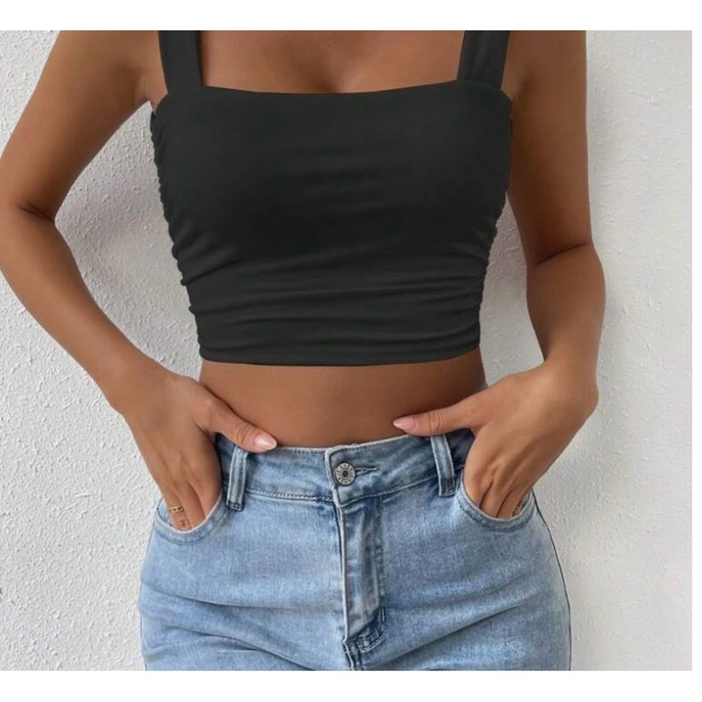 black sheer strap ruched top (L) NWOT